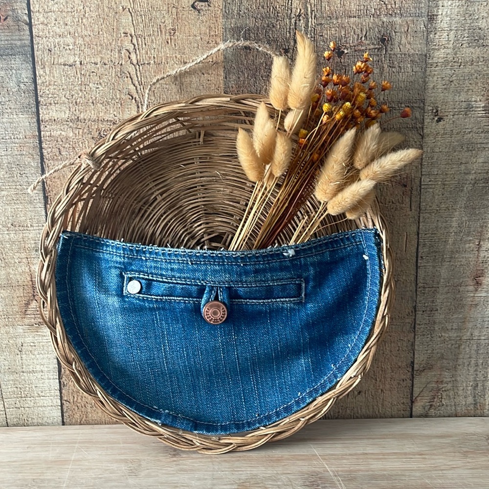 Upcycled basket with denim wall pocket with vintage dried floral